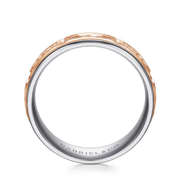 14K White-Rose Gold 7mm - Hammered Station Men's Wedding Band - MBM0116-70T4JJJ-Gabriel & Co.-Renee Taylor Gallery