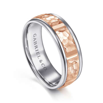 14K White-Rose Gold 7mm - Hammered Station Men's Wedding Band - MBM0116-70T4JJJ-Gabriel & Co.-Renee Taylor Gallery
