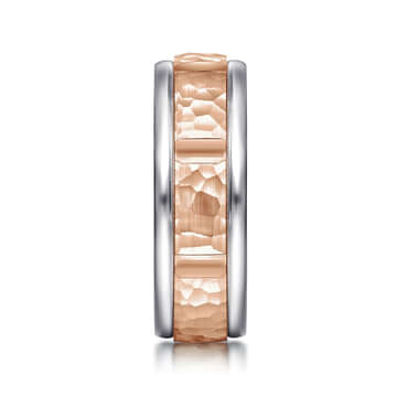14K White-Rose Gold 7mm - Hammered Station Men's Wedding Band - MBM0116-70T4JJJ-Gabriel & Co.-Renee Taylor Gallery