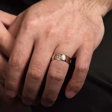 14K White-Rose Gold 7mm - Hammered Station Men's Wedding Band - MBM0116-70T4JJJ-Gabriel & Co.-Renee Taylor Gallery