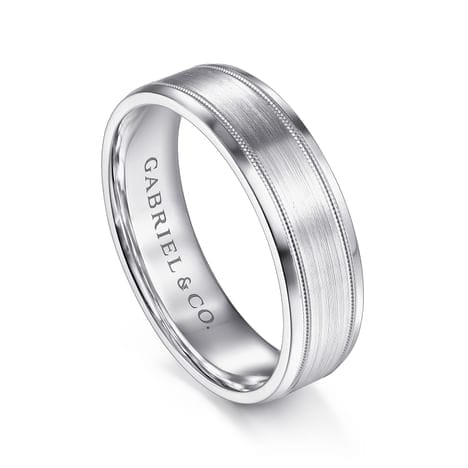 14K White Gold 6mm - Satin Polish Center and Milgrain Edge Men's Wedding Band - MBM0128-60W4JJJ-Gabriel & Co.-Renee Taylor Gallery