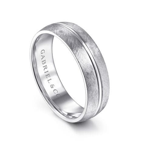 14K White Gold 6mm - Brushed Diamond Cut Men's Wedding Band - MBM0163-60W4JJJ-Gabriel & Co.-Renee Taylor Gallery