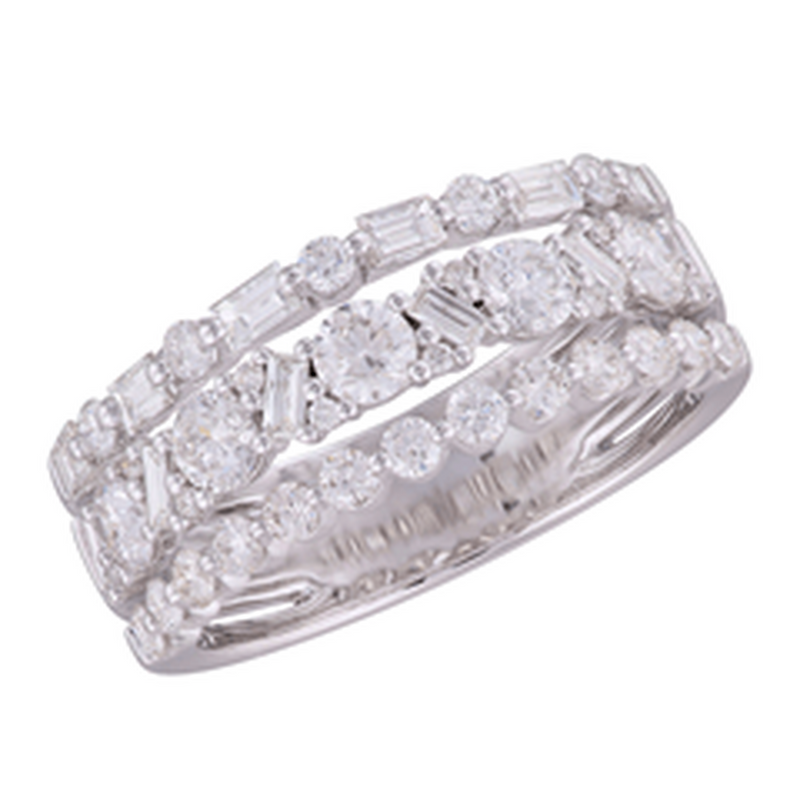 14K White Gold Triple Row Baguette & Round Diamond Ring - LDB5840-305-Heera Moti-Renee Taylor Gallery