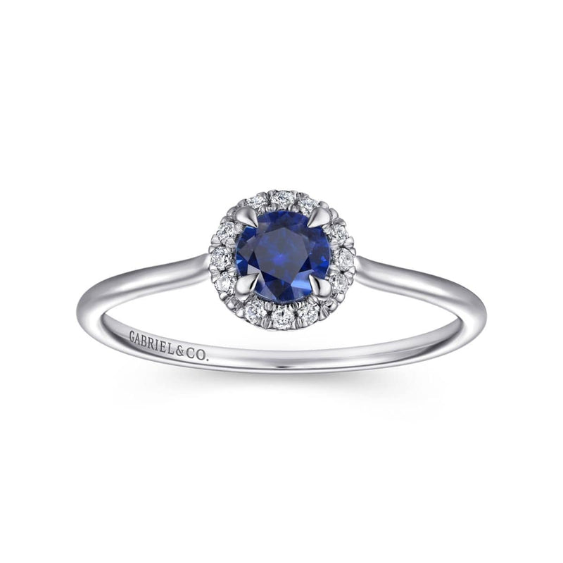 14K White Gold Blue Sapphire and Diamond Halo Promise Ring - LR51264W45SA-Gabriel & Co.-Renee Taylor Gallery