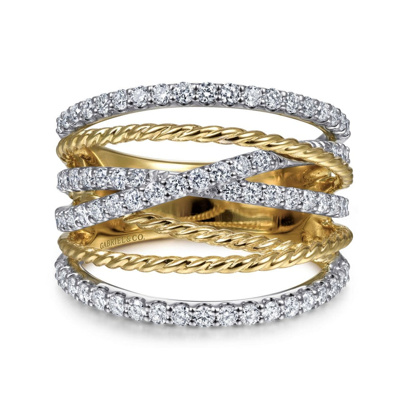14K White & Yellow Gold Twisted Rope and Diamond Multi Row Ring - LR51623M45JJ-Gabriel & Co.-Renee Taylor Gallery