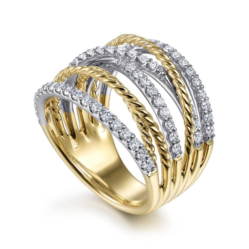 14K White & Yellow Gold Twisted Rope and Diamond Multi Row Ring - LR51623M45JJ-Gabriel & Co.-Renee Taylor Gallery