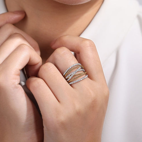 14K White & Yellow Gold Twisted Rope and Diamond Multi Row Ring - LR51623M45JJ-Gabriel & Co.-Renee Taylor Gallery