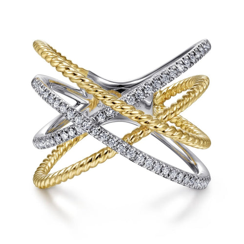 14K White-Yellow Gold Twisted Rope and Diamond Criss Cross Ring - LR51630M45JJ-Gabriel & Co.-Renee Taylor Gallery
