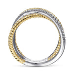 14K White & Yellow Gold Twisted Rope and Diamond Criss Cross Ring - LR51630M45JJ-Gabriel & Co.-Renee Taylor Gallery