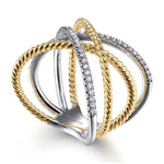 14K White & Yellow Gold Twisted Rope and Diamond Criss Cross Ring - LR51630M45JJ-Gabriel & Co.-Renee Taylor Gallery