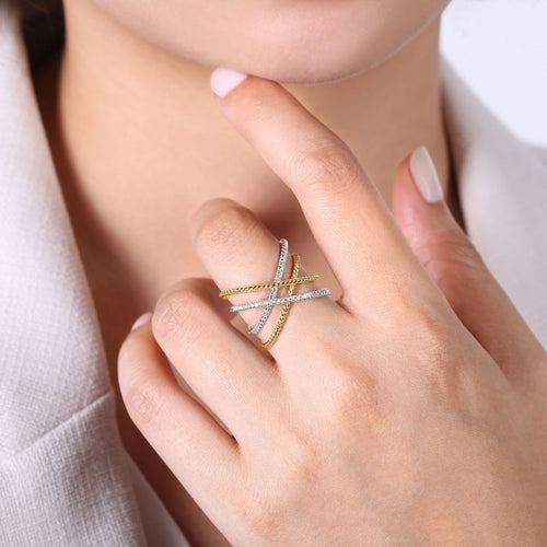 14K White & Yellow Gold Twisted Rope and Diamond Criss Cross Ring - LR51630M45JJ-Gabriel & Co.-Renee Taylor Gallery
