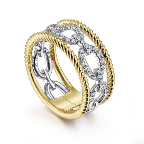 14K White & Yellow Gold Diamond Link and Twisted Rope Ring - LR51658M45JJ-Gabriel & Co.-Renee Taylor Gallery