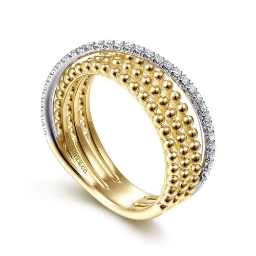 14K White & Yellow Gold Three Row Bujukan Ball and Diamond Band Ring - LR51720M45JJ-Gabriel & Co.-Renee Taylor Gallery