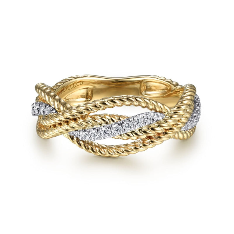 14K White & Yellow Gold Twisted Rope and Diamond Intersecting Ring - LR51732M45JJ-Gabriel & Co.-Renee Taylor Gallery