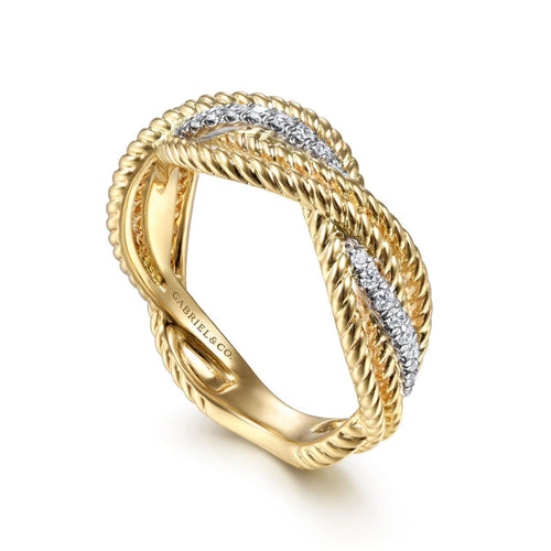 14K White & Yellow Gold Twisted Rope and Diamond Intersecting Ring - LR51732M45JJ-Gabriel & Co.-Renee Taylor Gallery