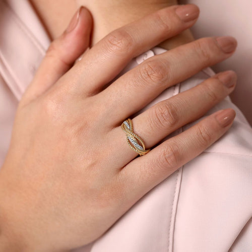 14K White & Yellow Gold Twisted Rope and Diamond Intersecting Ring - LR51732M45JJ-Gabriel & Co.-Renee Taylor Gallery