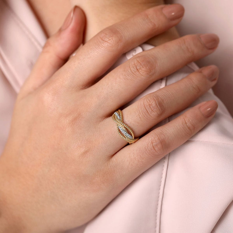14K White & Yellow Gold Twisted Rope and Diamond Intersecting Ring - LR51732M45JJ-Gabriel & Co.-Renee Taylor Gallery