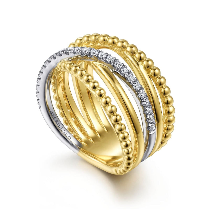 14K White & Yellow Gold Bujukan Ball and Diamond Criss Cross Ring - LR52202M45JJ-Gabriel & Co.-Renee Taylor Gallery