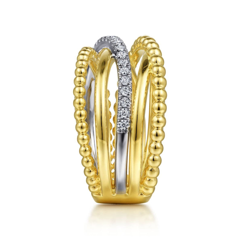 14K White & Yellow Gold Bujukan Ball and Diamond Criss Cross Ring - LR52202M45JJ-Gabriel & Co.-Renee Taylor Gallery