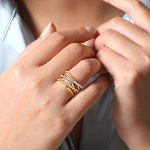 14K White & Yellow Gold Bujukan Ball and Diamond Criss Cross Ring - LR52202M45JJ-Gabriel & Co.-Renee Taylor Gallery