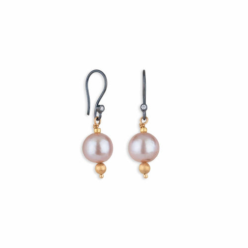 Lydia Pink Pearl Earrings with Diamonds by Lika Behar