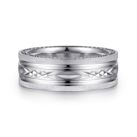 14K White Gold 8mm - Carved Men's Wedding Band in Satin Finish - MBH0193-80W4JJJ-Gabriel & Co.-Renee Taylor Gallery