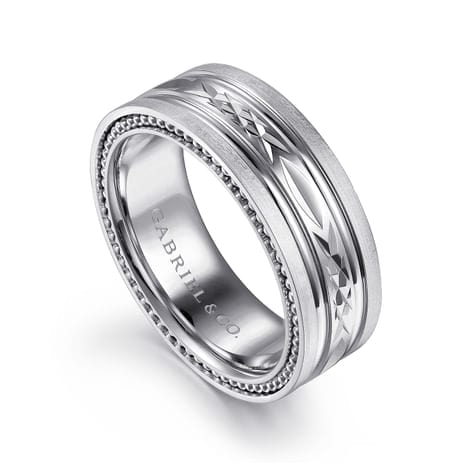 14K White Gold 8mm - Carved Men's Wedding Band in Satin Finish - MBH0193-80W4JJJ-Gabriel & Co.-Renee Taylor Gallery