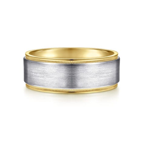 14K White-Yellow Gold 8mm - Two Tone Men's Wedding Band in Satin Finish - MBH0130-80M4JJJ-Gabriel & Co.-Renee Taylor Gallery