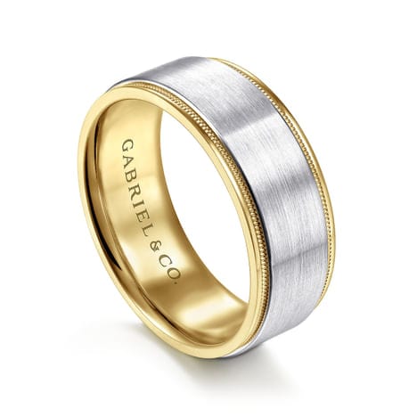14K White-Yellow Gold 8mm - Two Tone Men's Wedding Band in Satin Finish - MBH0130-80M4JJJ-Gabriel & Co.-Renee Taylor Gallery