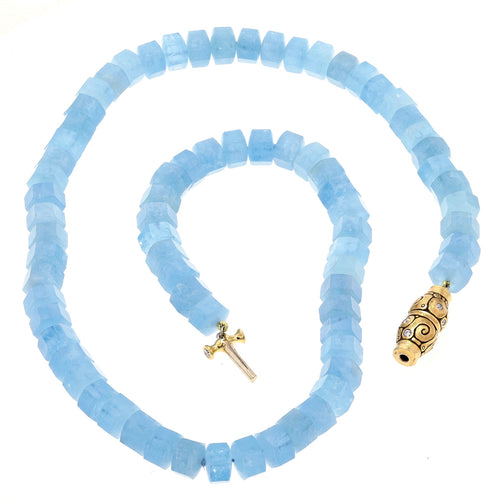 18K and Diamond "Seashell" Clasp Aquamarine Beaded Necklace - M-108C-Alex Sepkus-Renee Taylor Gallery
