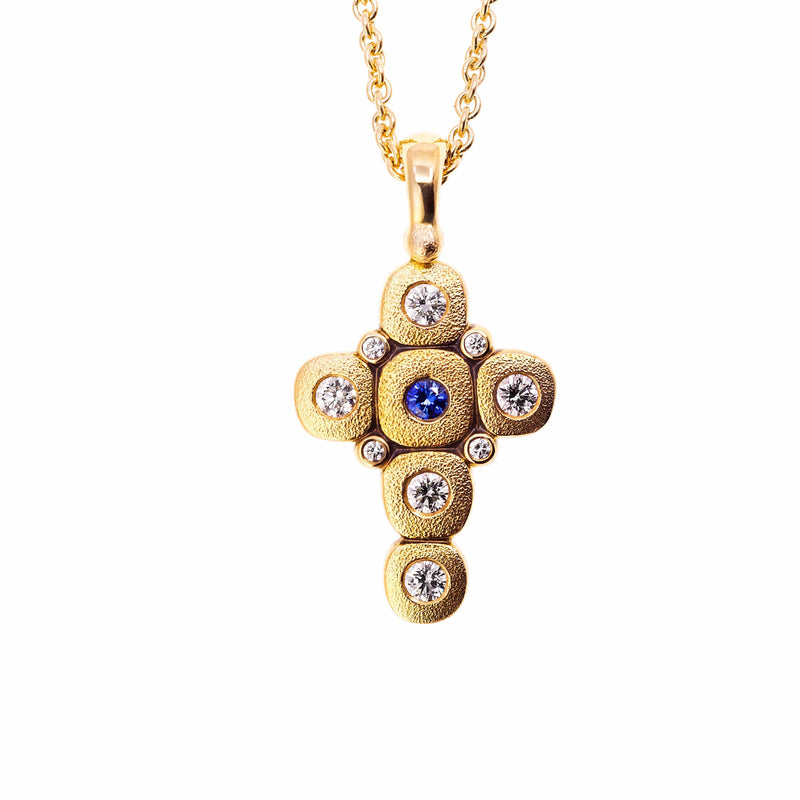 18K Candy Sapphire & Diamond Cross Pendant - M-55S-Blue-Alex Sepkus-Renee Taylor Gallery