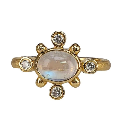 14K Gold Rainbow Moonstone Cabochon Ring with Diamond Accents – M10032-Marika-Renee Taylor Gallery