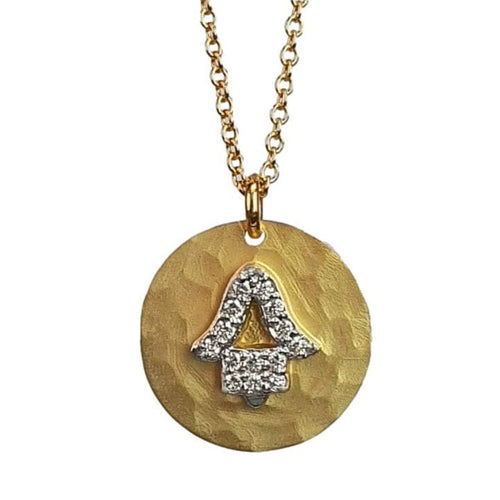 14K Gold Hammered Disc Necklace with Diamond Hand Motif – M10034-Marika-Renee Taylor Gallery