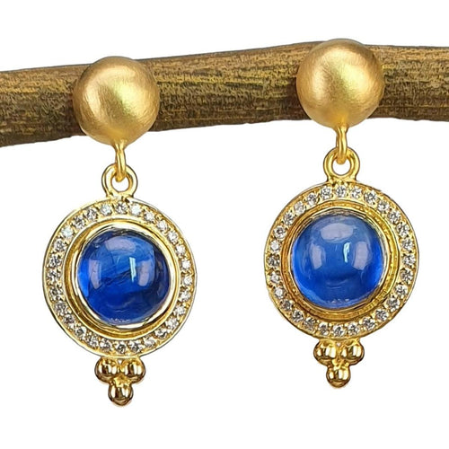 14K Gold Kyanite Cabochon Earrings with Diamond Halo – M10040-Marika-Renee Taylor Gallery