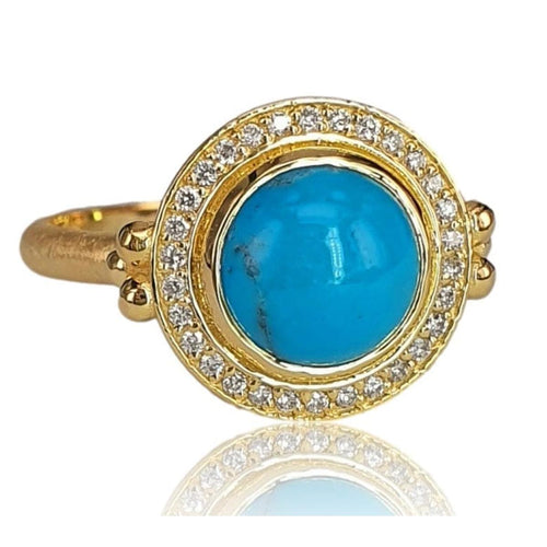 14K Gold Round Turquoise Ring with Pavé Diamond Halo – M10065-Marika-Renee Taylor Gallery