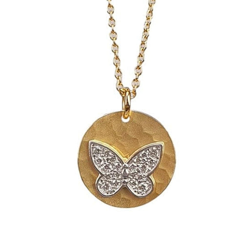 14K Gold Hammered Disc Necklace with Diamond Butterfly Accent – M10145-Marika-Renee Taylor Gallery