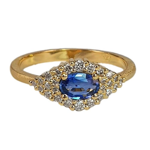 14K Gold Oval Blue Sapphire Ring with Diamond Halo – M10216-Marika-Renee Taylor Gallery