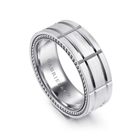 14K White Gold 8mm - Carved Men's Wedding Band in Satin Finish - MBH0192-80W4JJJ-Gabriel & Co.-Renee Taylor Gallery