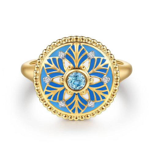 14K Yellow Gold Bujukan Diamond and Blue Topaz Signet Ring with Blue and Dust Blue and White Enamel Bujukan Collection - LR53075EMY45BT-Gabriel & Co.-Renee Taylor Gallery