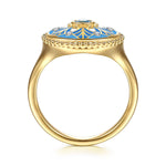 14K Yellow Gold Bujukan Diamond and Blue Topaz Signet Ring with Blue and Dust Blue and White Enamel Bujukan Collection - LR53075EMY45BT-Gabriel & Co.-Renee Taylor Gallery