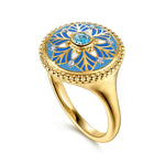 14K Yellow Gold Bujukan Diamond and Blue Topaz Signet Ring with Blue and Dust Blue and White Enamel Bujukan Collection - LR53075EMY45BT-Gabriel & Co.-Renee Taylor Gallery