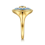14K Yellow Gold Bujukan Diamond and Blue Topaz Signet Ring with Blue and Dust Blue and White Enamel Bujukan Collection - LR53075EMY45BT-Gabriel & Co.-Renee Taylor Gallery