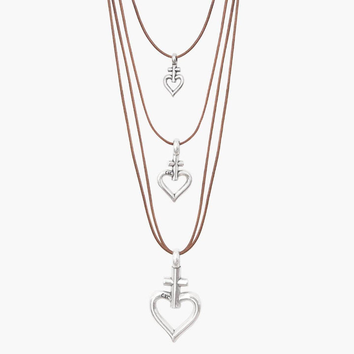Cross Heart Leather Necklace - Silver Plated, Camel Waxed Leather - N0108 MCA00-CXC-Renee Taylor Gallery