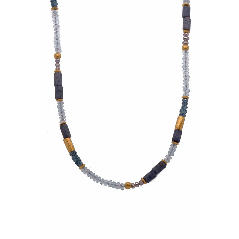 3mm Dumitorite, Sky Blue Topaz, London Blue Topaz, Pearls 24K Gold Vermeil Necklace-Joyla-Renee Taylor Gallery