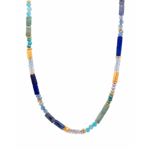 Turquoise, Pearls, Lapis, Zircon, Chrysocolla, Dumitorite, Labradorite, Sky Blue Topaz 24K Gold Vermeil Necklace-Joyla-Renee Taylor Gallery