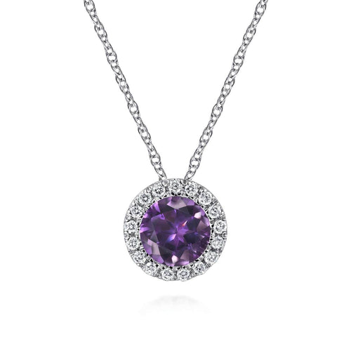 14K White Gold Amethyst and Diamond Halo Pendant Necklace - NK2824W45AM-Gabriel & Co.-Renee Taylor Gallery