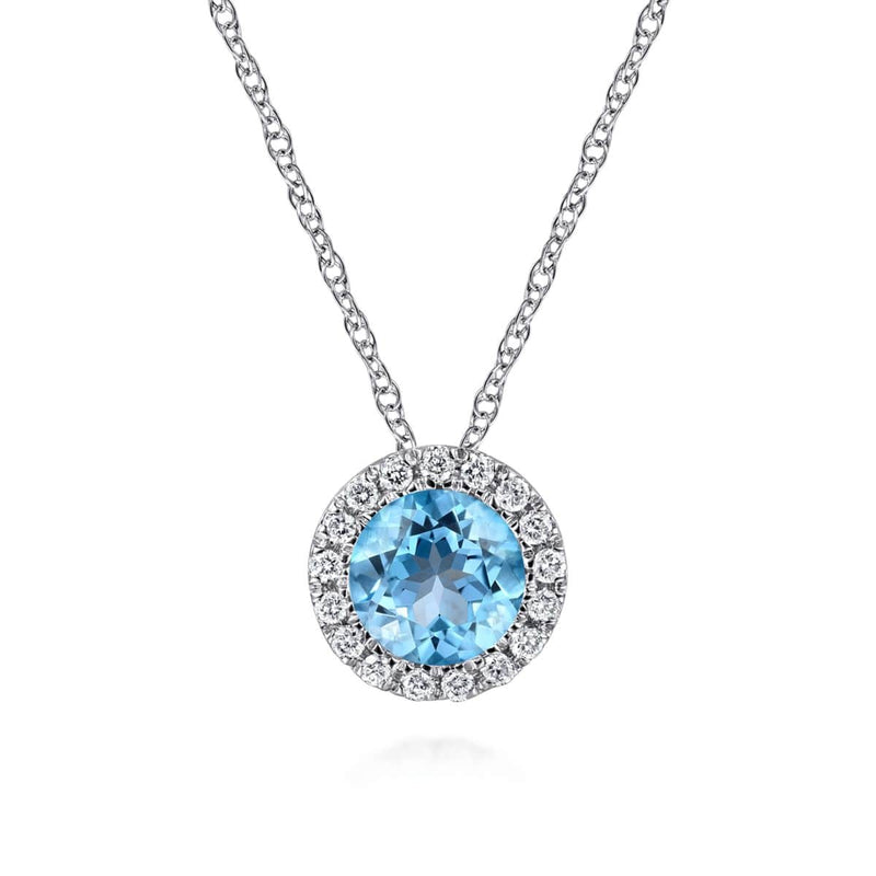 14K White Gold Round Swiss Blue Topaz and Diamond Halo Necklace - NK2824W45BT-Gabriel & Co.-Renee Taylor Gallery