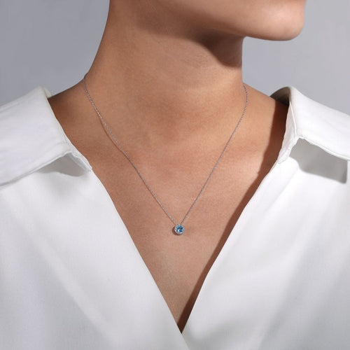 14K White Gold Round Swiss Blue Topaz and Diamond Halo Necklace - NK2824W45BT-Gabriel & Co.-Renee Taylor Gallery