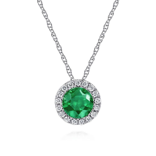 14K White Gold Emerald and Diamond Halo Pendant Necklace - NK2824W45EA-Gabriel & Co.-Renee Taylor Gallery