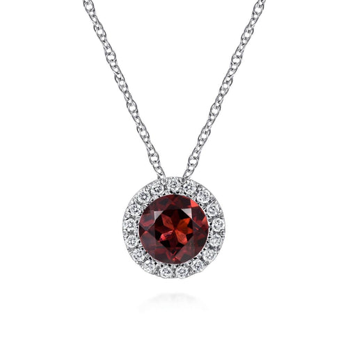 14K White Gold Garnet and Diamond Halo Pendant Necklace - NK2824W45GN-Gabriel & Co.-Renee Taylor Gallery